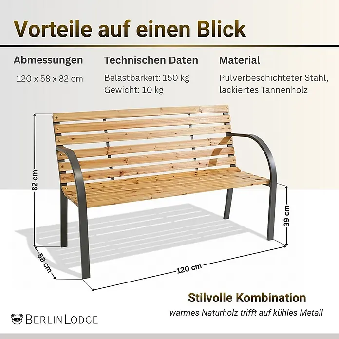 Berlinlodge Gartenbank SANTORINI 2-Sitzer - Lackiert|Pulverbeschichtet, Natur - Gartenbank aus Holzlatten mit dunklem Metallgestell, 120x58x82 cm, Sitzhöhe 39 cm.