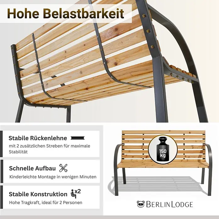Berlinlodge Gartenbank SANTORINI 2-Sitzer - Lackiert|Pulverbeschichtet, Natur - Stabile Gartenbank aus Holzlatten und dunklem Metallrahmen, 150 kg Tragkraft, ideal für 2 Personen.