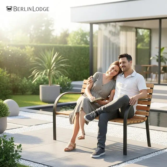 Berlinlodge Gartenbank SANTORINI 2-Sitzer - Lackiert|Pulverbeschichtet, Natur - Holzbank mit dunklem Metallrahmen, auf der zwei Personen gemütlich in einem sonnigen Garten sitzen.