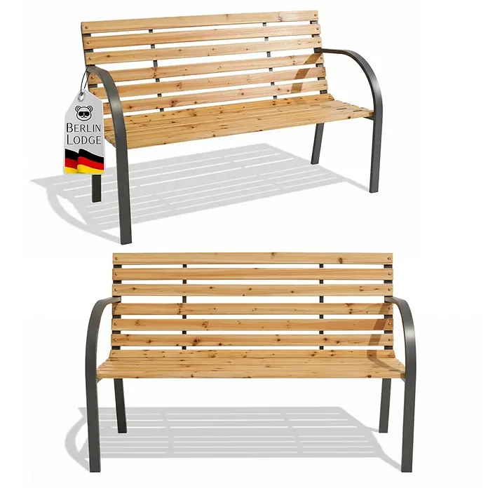 Berlinlodge Gartenbank SANTORINI 2-Sitzer - Lackiert|Pulverbeschichtet, Natur - Gartenbank aus Holz mit naturbelassenen Latten und dunkelgrauem Metallgestell.