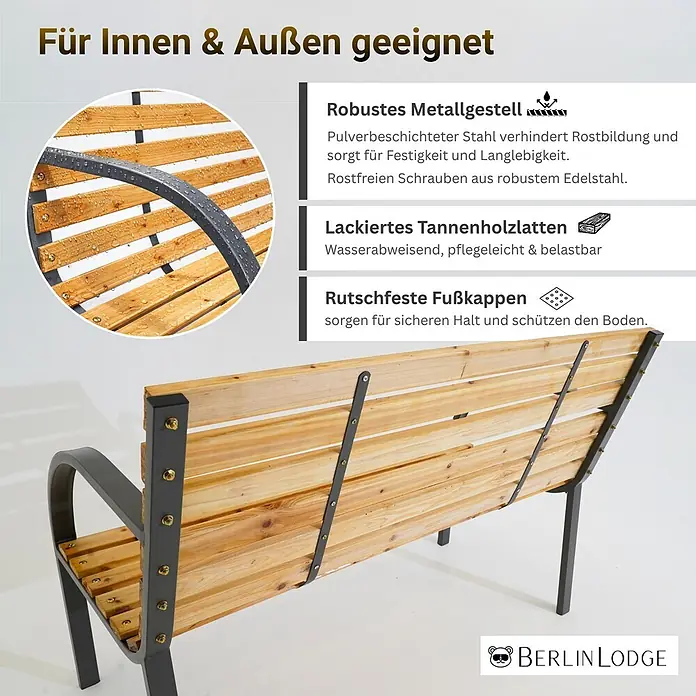 Berlinlodge Gartenbank SANTORINI 2-Sitzer - Lackiert|Pulverbeschichtet, Natur - Eine Gartenbank mit dunkelgrauem Metallrahmen und hellen Tannenholzlatten, für Innen- und Außenbereiche geeignet.