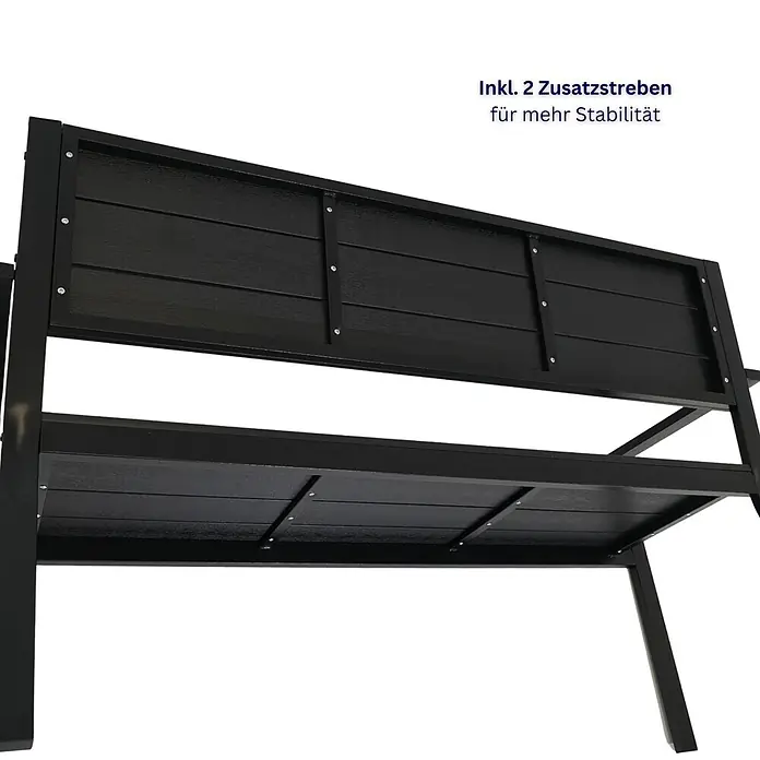 Berlinlodge Gartenbank MALLORCA 3-Sitzer - Pulverbeschichtet, Schwarz - Schwarze Gartenbank mit Lattenrost und Metallrahmen, inklusive zwei Zusatzstreben für erhöhte Stabilität.