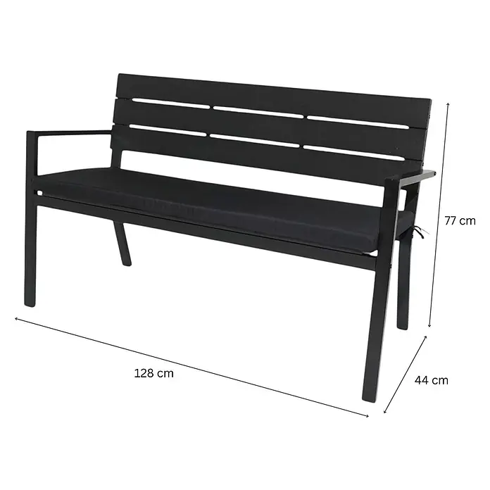 Berlinlodge Gartenbank MALLORCA 3-Sitzer - Pulverbeschichtet, Schwarz - Schwarze Metall-Gartenbank mit Lattenrückenlehne, Armlehnen und schwarzem Kissen. Maße: 128x77x44 cm.