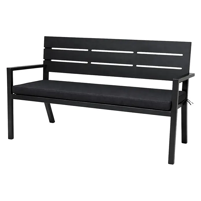 Berlinlodge Gartenbank MALLORCA 3-Sitzer - Pulverbeschichtet, Schwarz - Schwarze Metall-Gartenbank mit Lamellenrückenlehne, Armlehnen und einem abnehmbaren schwarzen Stoffkissen.