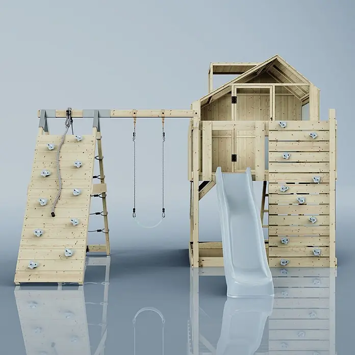 OutdoorToys Klettergerüst Anika - 399 x 414 x 291 cm, Holz, Blau - Spielturm aus Holz mit Kletterwand, zwei Schaukeln, Rutsche und Spielhaus.