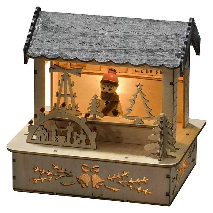 Konstsmide LED-Weihnachtsdekoleuchte Marktstand mit grauem Dach - 11,5 x 9,5 x 12,5 cm, Braun, Batteriebetrieben, LED - Vorderansicht