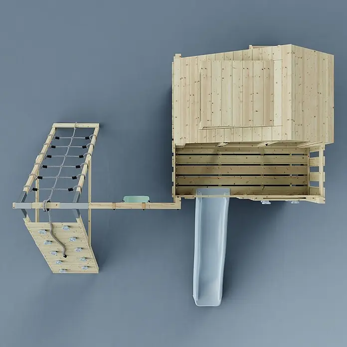 OutdoorToys Klettergerüst Anika - 399 x 414 x 291 cm, Holz, Blau - Hölzernes Spielgerüst mit Turm, Kletternetz, Kletterwand und grauer Rutsche für Kinder im Freien.