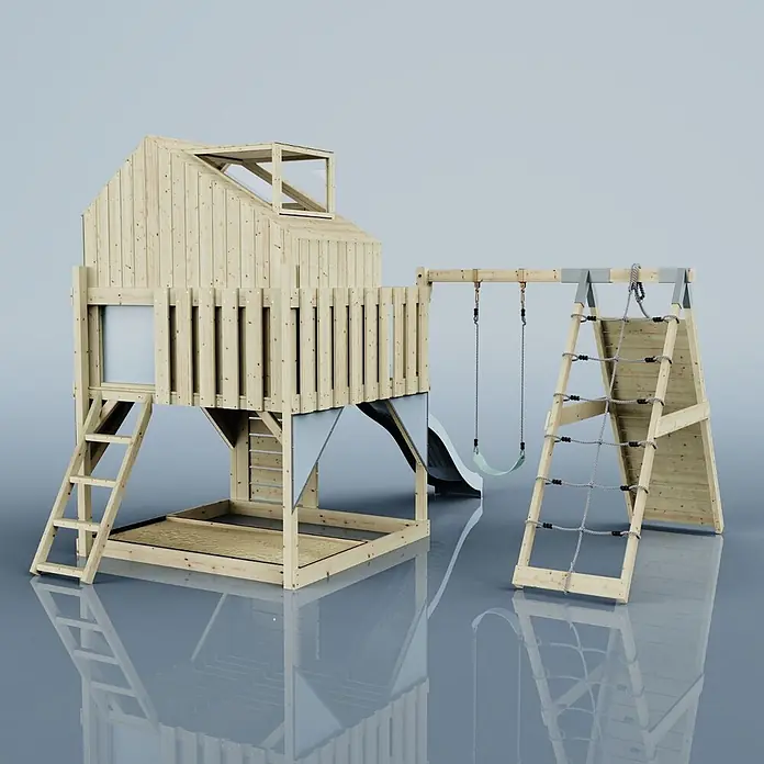 OutdoorToys Klettergerüst Anika - 399 x 414 x 291 cm, Holz, Blau - Hölzernes Outdoor-Spielset mit Spielhaus, Rutsche, zwei Schaukeln und Kletternetz für Kinder.