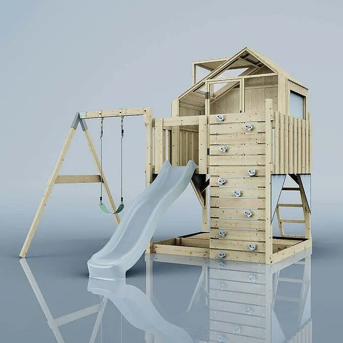 OutdoorToys Klettergerüst Anika - 399 x 414 x 291 cm, Holz, Blau - Multifunktionales Kinderspielgerät aus hellem Holz mit Haus, grauer Rutsche, Kletterwand und Doppelschaukel.
