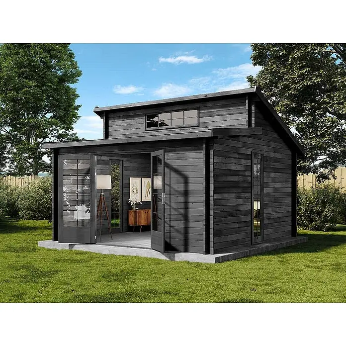 Alpholz Gartenhaus Lausitz - Außenmaß inkl. Dachüberstand (B x T): 440 x 440 cm, Holz, Grau - Dunkelgrauer Holzgartenpavillon mit Hochbett, Glastüren und kleinem Fenster.