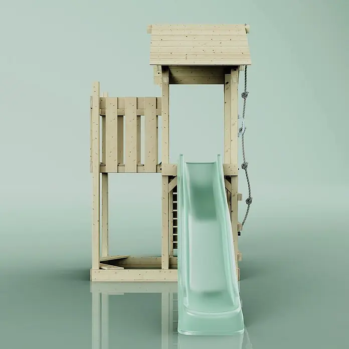 OutdoorToys Kinderspielturm Tromso Grün - Holz, Grün - Spielturm aus Naturholz mit hellgrüner Rutsche und Kletterseil.