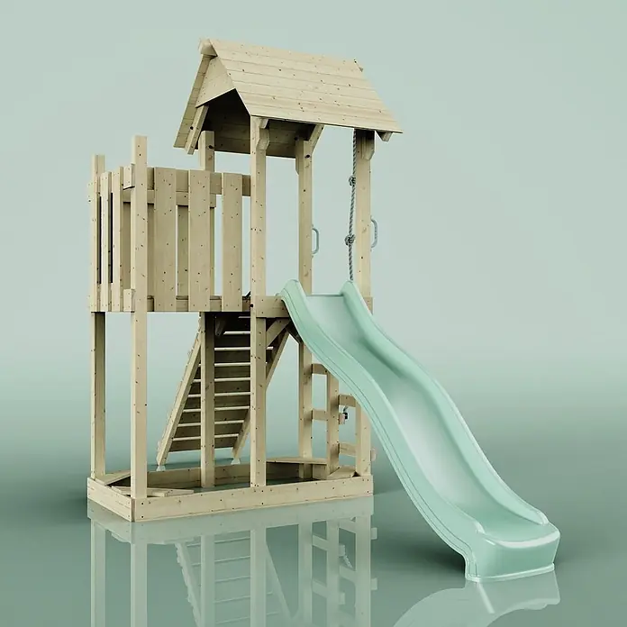 OutdoorToys Kinderspielturm Tromso Grün - Holz, Grün - Holzspielturm mit Dach, Leiter, hellgrüner Wellenrutsche aus Kunststoff und Kletterseil für den Außenbereich.