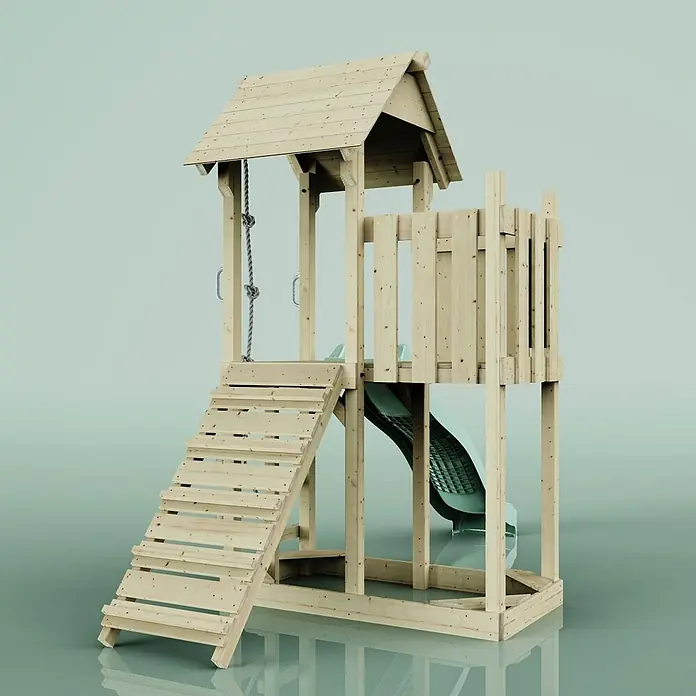 OutdoorToys Kinderspielturm Tromso Grün - Holz, Grün - Helles Holz-Kinderspielplatz mit Dach, Leiter, Rutsche und Kletterseil.