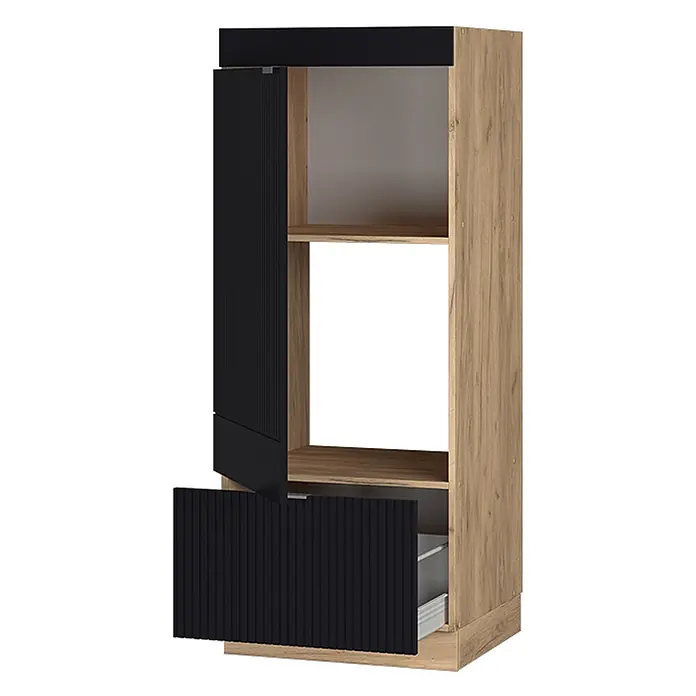 Vicco Schrankküche Fame-Line Schwarz gestreift - Schwarz gestreift, Mikrowellenumbauschrank 60 cm - Hoher Holzschrank mit schwarzen gerippten Türen und Schublade. Offene Fächer und Gerätefach.