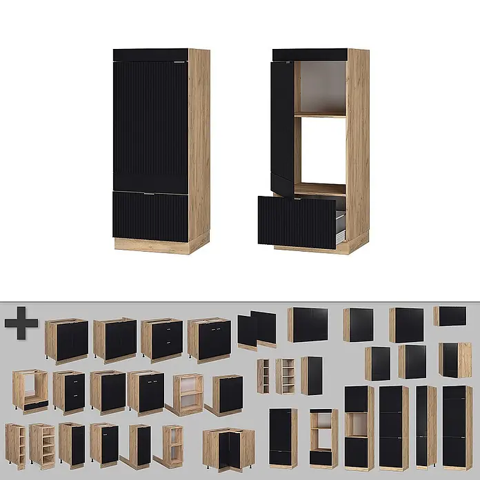 Vicco Schrankküche Fame-Line Schwarz gestreift - Schwarz gestreift, Mikrowellenumbauschrank 60 cm - Küchenschränke: schwarze Rillenfronten, helle Holzrahmen. Modularset mit Hoch-, Unter- und Wandschränken.