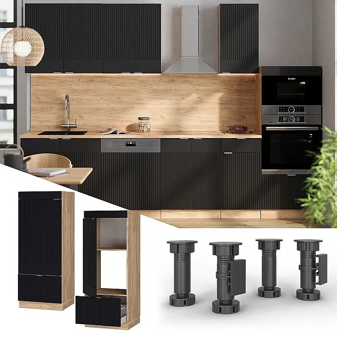 Vicco Schrankküche Fame-Line Schwarz gestreift - Schwarz gestreift, Mikrowellenumbauschrank 60 cm - Schwarze geriffelte Küchenschränke mit hellen Holzelementen, inklusive Hochschrank und verstellbaren Füßen.