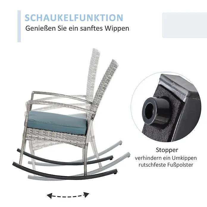 Outsunny Garten-Schaukelstuhl mit abnehmbarem Bezug - 1 Stk., PE Polyrattan, Grau - Hellgrauer Polyrattan Schaukelstuhl mit blau-grauem Kissen, der die Schaukelfunktion und Kippsicherung zeigt.