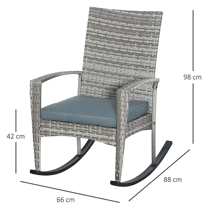 Outsunny Garten-Schaukelstuhl mit abnehmbarem Bezug - 1 Stk., PE Polyrattan, Grau - Grauer Polyrattan-Schaukelstuhl mit blauem Kissen und abgebildeten Maßen.