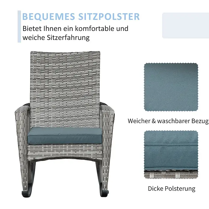 Outsunny Garten-Schaukelstuhl mit abnehmbarem Bezug - 1 Stk., PE Polyrattan, Grau - Grauer Rattan-Schaukelstuhl mit weichem, waschbarem blau-grauem Kissen für bequemen Sitzkomfort.