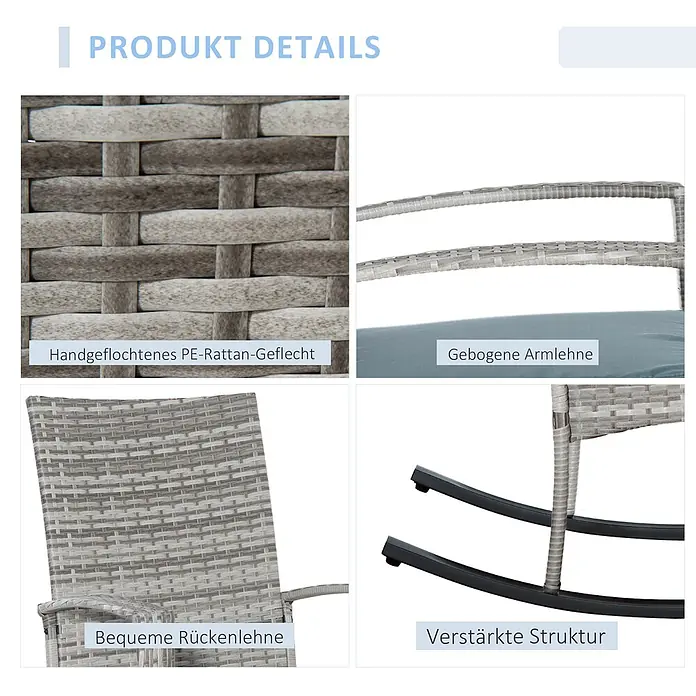 Outsunny Garten-Schaukelstuhl mit abnehmbarem Bezug - 1 Stk., PE Polyrattan, Grau - Details eines grauen PE-Rattan-Schaukelstuhls: handgeflochtenes Material, gebogene Armlehnen, bequeme Rückenlehne, verstärkte Basis.