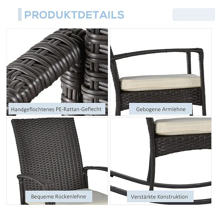 Outsunny Garten-Schaukelstuhl Geflochten aus Polyrattan - PE Polyrattan, Braun, Cremeweiß, B x T x H: 88 x 88 x 98 cm - Details eines dunkelbraunen, handgeflochtenen PE-Rattan-Schaukelstuhls, der seine Textur, gebogene Armlehnen und verstärkte Basis zeigt.