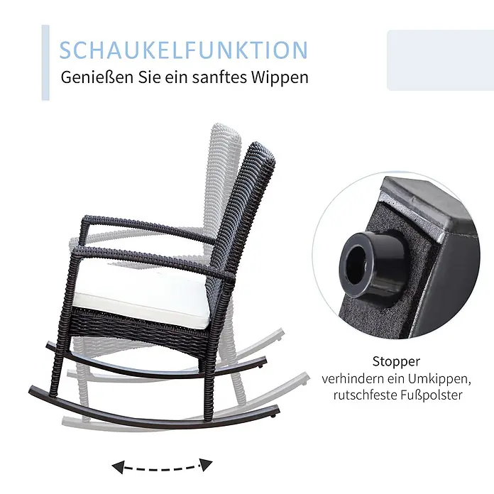 Outsunny Garten-Schaukelstuhl Geflochten aus Polyrattan - PE Polyrattan, Braun, Cremeweiß, B x T x H: 88 x 88 x 98 cm - Dunkelbrauner Rattan-Schaukelstuhl mit weißem Kissen, zeigt Schaukelfunktion und Kippschutzstopper.