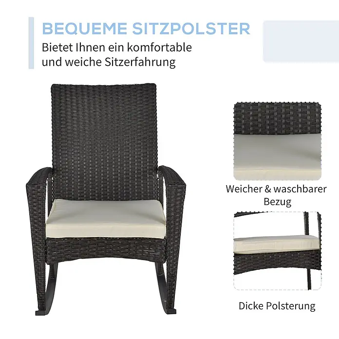Outsunny Garten-Schaukelstuhl Geflochten aus Polyrattan - PE Polyrattan, Braun, Cremeweiß, B x T x H: 88 x 88 x 98 cm - Dunkelbrauner Rattanschaukelstuhl mit dicken, cremefarbenen Kissen, betont Komfort und waschbaren Bezug.