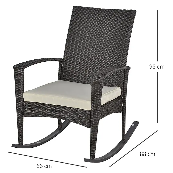 Outsunny Garten-Schaukelstuhl Geflochten aus Polyrattan - PE Polyrattan, Braun, Cremeweiß, B x T x H: 88 x 88 x 98 cm - Dunkelbrauner Polyrattan-Schaukelstuhl mit cremefarbenem Kissen und sichtbaren Produktmaßen.