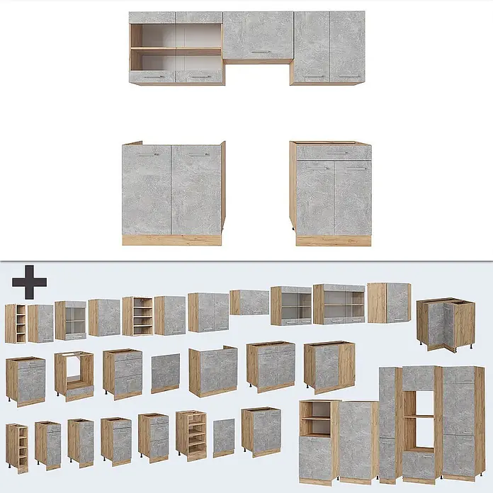 Vicco Küchenzeile R-Line Beton/Goldkraft Eiche, AP Eiche - Breite: 200 cm, Beton, Ohne Elektrogeräte - Modulares Küchenschrank-Set in Grau (Betonoptik) und heller Holzoptik, mit verschiedenen Aufbewahrungslösungen.