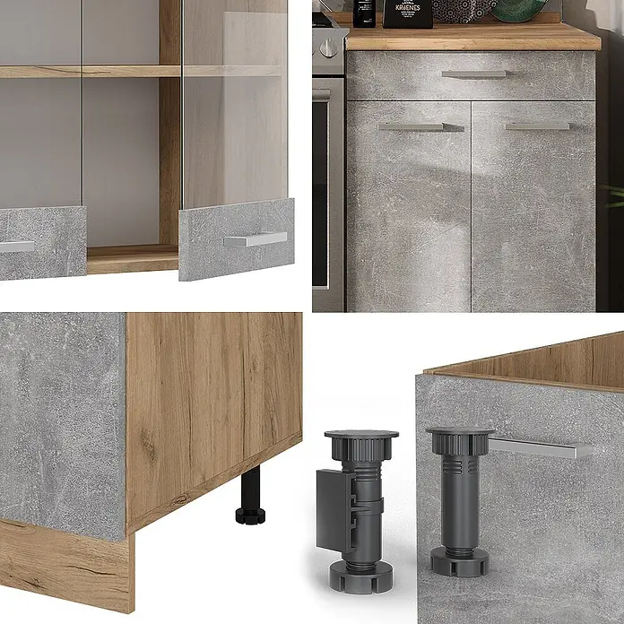 Vicco Küchenzeile R-Line Beton/Goldkraft Eiche ohne Arbeitsplatte - Beton, Ohne Elektrogeräte - Küchenschränke in Holz- und Betonoptik mit modernen Griffen und verstellbaren Füßen.