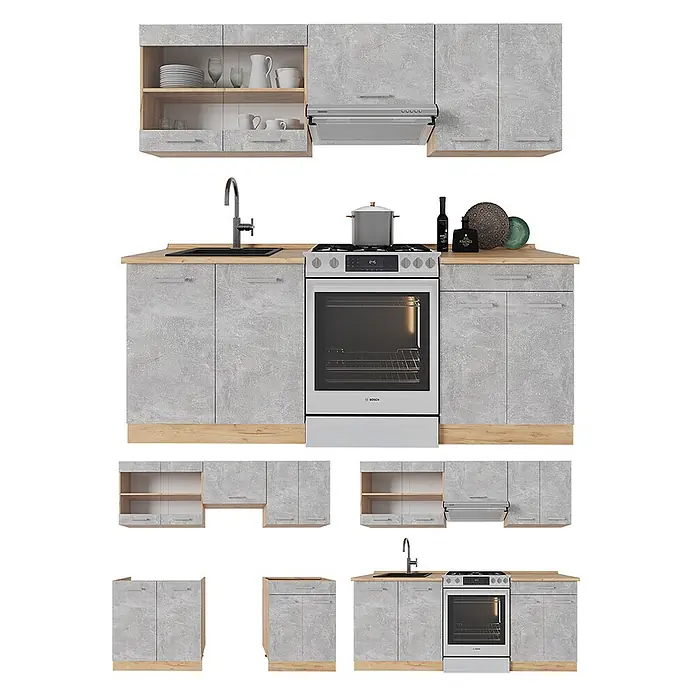 Vicco Küchenzeile R-Line Beton/Goldkraft Eiche ohne Arbeitsplatte - Beton, Ohne Elektrogeräte - Hellgraue Küchenschränke in Steinoptik mit hellen Holz-Arbeitsplatten und -Sockeln, integrierter Spüle und freistehendem Herd.