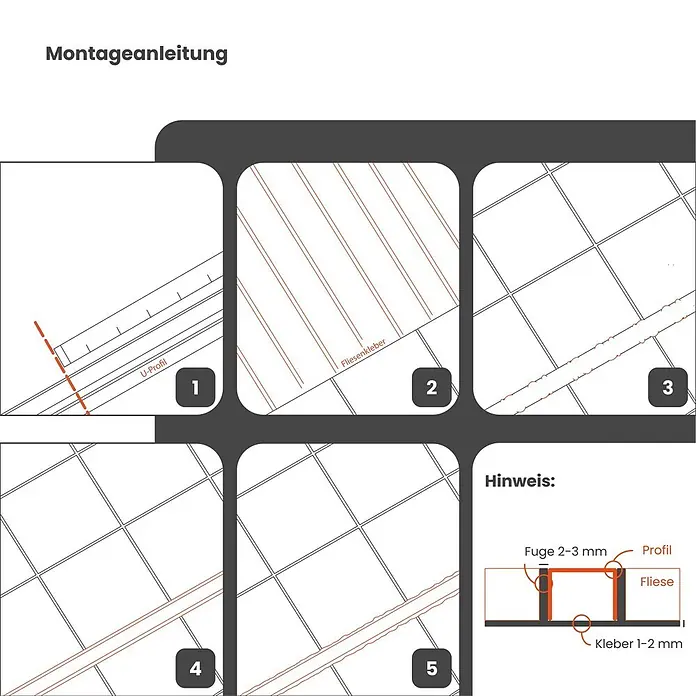 Dalsys U-Profil 2,5m x 25mm Fliesenschiene Bordüre Poliert - Edelstahl, Silber - Montageanleitung für U-Profil Fliesenschiene, Darstellung der Schritte für Kleberauftrag, Platzierung und Verfliesung.