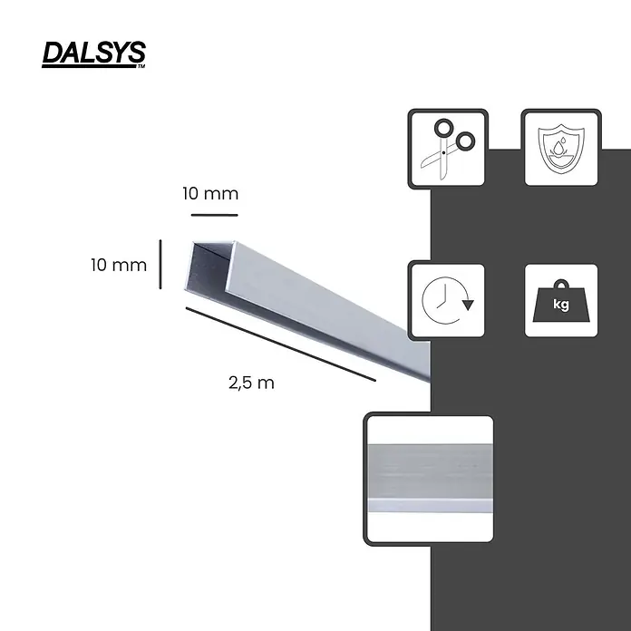 Dalsys U-Profil 2,5m x 10mm Fliesenschiene Bordüre Gebürstet - Edelstahl, Silber - DALSYS Alu U-Profil, 10x10 mm, 2,5 m, silber. Zuschneidbar, wasserdicht, schnelle Montage, Gewichtsangabe.