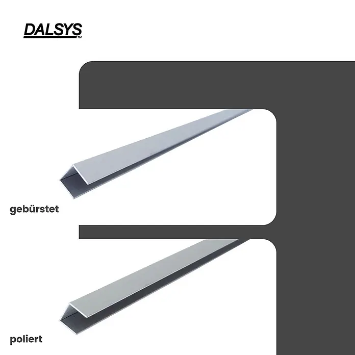 Dalsys U-Profil 2,5m x 25mm Fliesenschiene Bordüre Poliert - Edelstahl, Silber - Zwei silberne Aluminium-Winkelprofile, eines gebürstet und eines poliert.