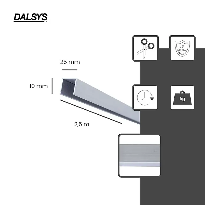Dalsys U-Profil 2,5m x 25mm Fliesenschiene Bordüre Gebürstet - Edelstahl, Silber - Silberfarbenes Metall-U-Profil (10x25 mm, 2,5 m lang), schneidbar und wasserbeständig.