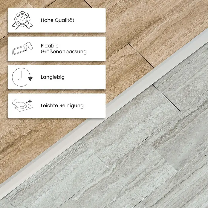 Dalsys T-Profil 100cm x 26mm Übergangsschiene Silber - Aluminium, Silber - Weiße Bodenübergangsleiste trennt zwei Fliesenböden. Überlagerte Textfelder beschreiben Merkmale: hohe Qualität, flexible Größe, Langlebigkeit und leichte Reinigung.