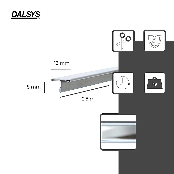 Dalsys T-Profil 2,5m Fliesenschiene 15mm Poliert - Edelstahl, Silber - Zuschneidbares, wasserabweisendes, langlebiges Metallprofil, 15x8mm, 2,5m lang.
