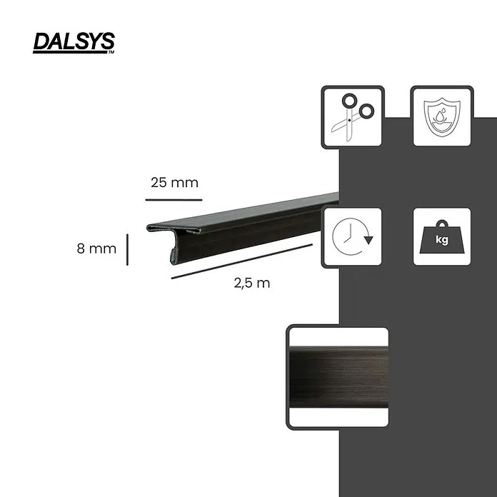 Dalsys T-Profil 2,5m Fliesenschiene 25mm Schwarz gebürstet - Edelstahl, Schwarz - Dunkelbronze L-Profil, 8mm hoch, 25mm breit, 2,5m lang.