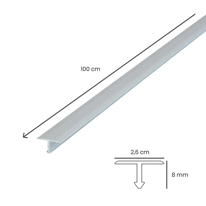 Dalsys T-Profil 100cm x 26mm Übergangsschiene Silber - Aluminium, Silber - Silbernes T-Profil-Übergangsleiste, 100 cm lang, 2,6 cm breit, 8 mm hoch.