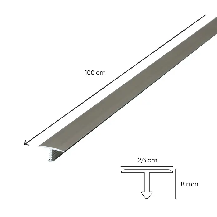 Dalsys T-Profil 100cm x 26mm Übergangsschiene Champagner - Aluminium, Beige - Silbergraues T-Profil Bodenübergangsleiste, 100 cm lang, 2,6 cm breit, 8 mm hoch.