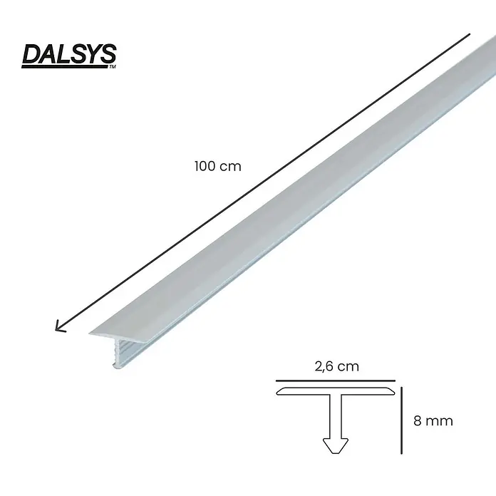 Dalsys T-Profil 100cm x 26mm Übergangsschiene Silber - Aluminium, Silber - Silberne DALSYS T-Profil Übergangsleiste, 100 cm lang. Profilmaße: 2,6 cm Breite, 8 mm Höhe.