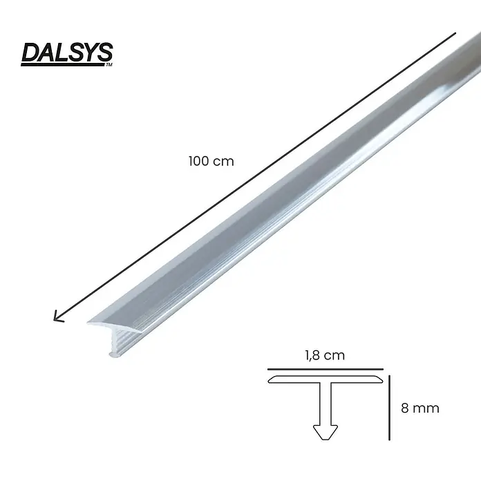 Dalsys T-Profil 100cm x 18mm Übergangsschiene Silber verchromt - Aluminium, Silber - Silbernes T-Übergangsprofil, 100 cm lang, 1,8 cm breit, 8 mm hoch.