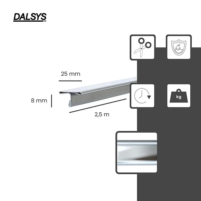 Dalsys T-Profil 2,5m Fliesenschiene 25mm Poliert - Edelstahl, Silber - DALSYS silbernes Metallprofil, 8x25mm und 2,5m lang.
