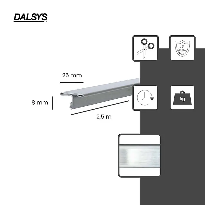 Dalsys T-Profil 2,5m Fliesenschiene 25mm Gebürstet - Edelstahl, Silber - Silbernes Metallprofil, 25mm breit, 8mm hoch, 2,5m lang, mit gebürsteter Oberfläche.