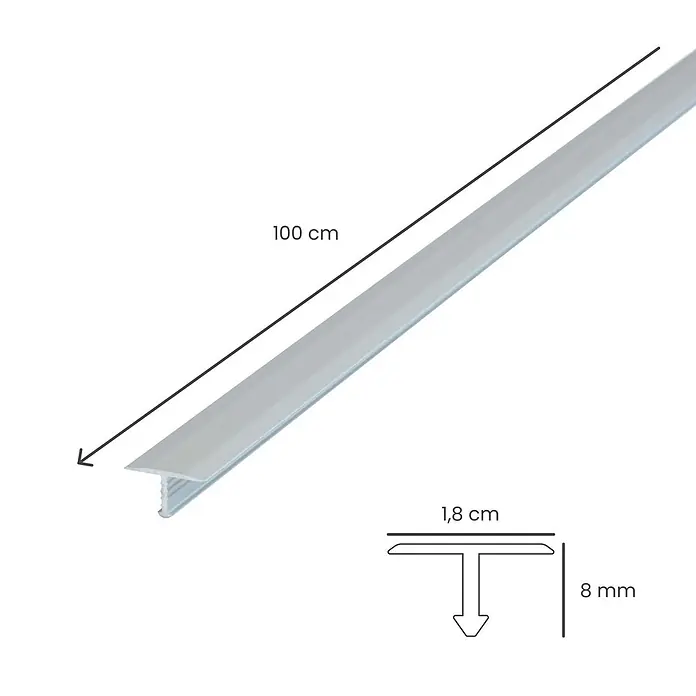 Dalsys T-Profil 100cm x 18mm Übergangsschiene Silber - Aluminium, Silber - Silber-graues T-Übergangsprofil, 100 cm lang, 1,8 cm breit und 8 mm hoch.