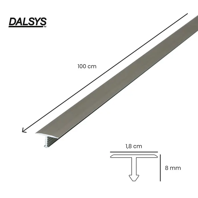 Dalsys T-Profil 100cm x 18mm Übergangsschiene Champagner - Aluminium, Beige - Metallisch silbernes T-Übergangsprofil, 100 cm lang, 1,8 cm breit, 8 mm hoch.