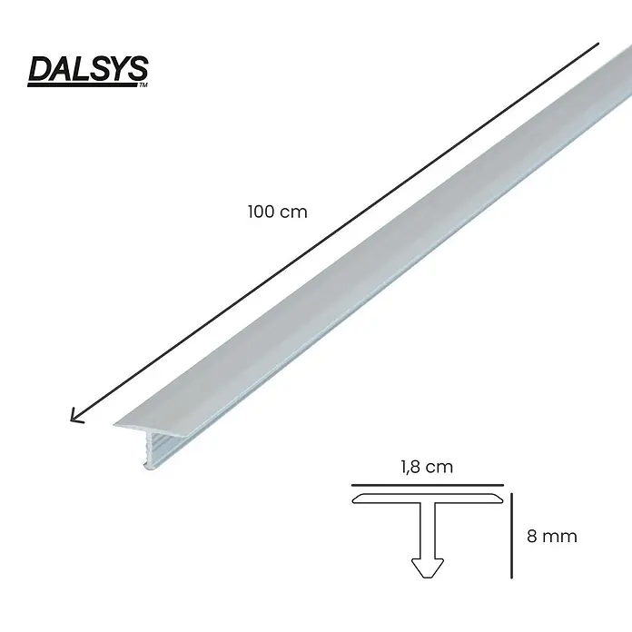 Dalsys T-Profil 100cm x 18mm Übergangsschiene Silber - Aluminium, Silber - DALSYS silbergraues T-Übergangsprofil, 100 cm lang, 1,8 cm breit, 8 mm hoch, ideal für glatte Bodenübergänge.