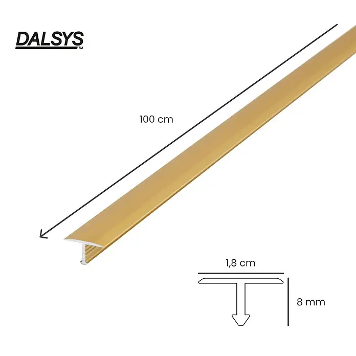 Dalsys T-Profil 100cm x 18mm Übergangsschiene Gold - Aluminium, Gelb - Goldenes T-Profil für Bodenübergänge. Länge 100 cm, Breite 1,8 cm, Höhe 8 mm.