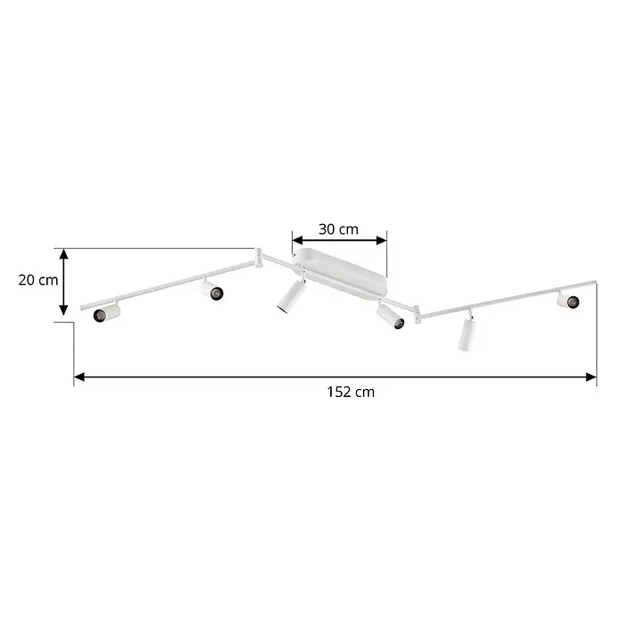Lindby Deckenleuchte Eldrin - weiß / opal, weiß / opal - Weiße Schienenleuchte mit 5 verstellbaren Strahlern. Maße: 152 cm lang, 20 cm hoch, 30 cm zentrale Einheit.