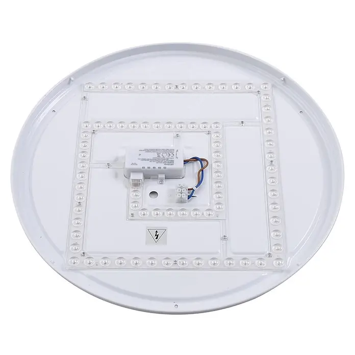 Lindby Deckenleuchte Orbi - blau - Rückseite einer weißen runden LED-Deckenleuchte mit quadratisch angeordneten LED-Streifen, Treiber und Verkabelung.